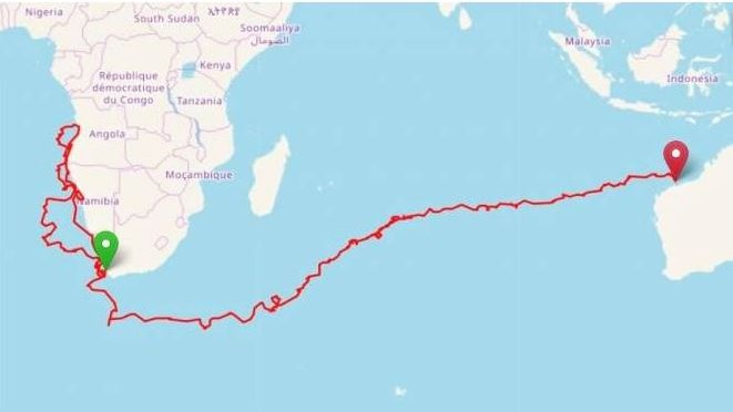 Yoshi's journey route from Africa to Australia