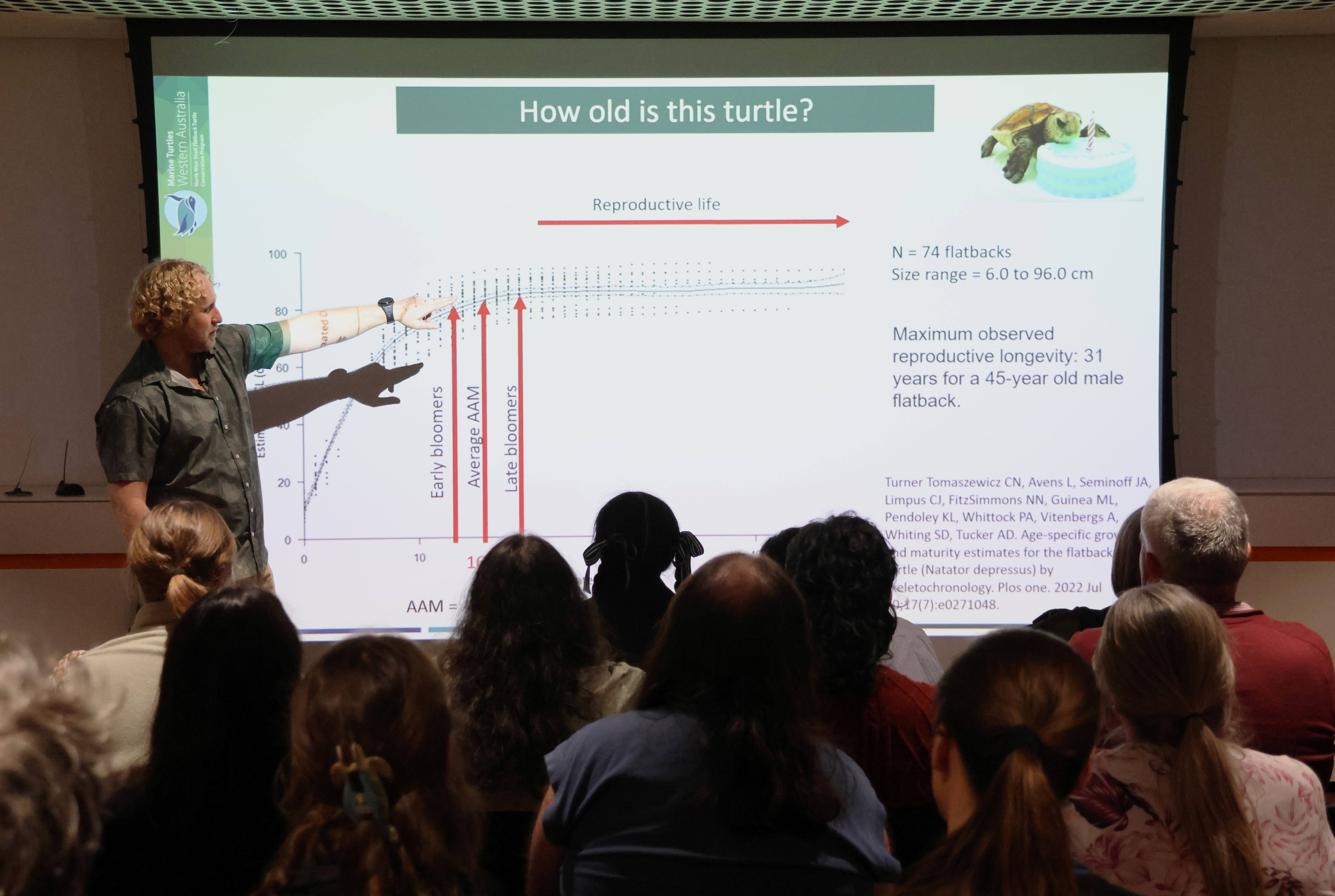 A person pointing at a PowerPoint presentation